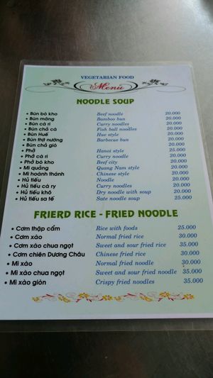 menu at Thien Duyen 1 in Da Lat