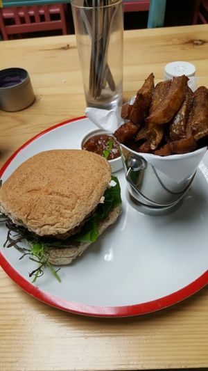 Tofu burger and fries. at Crimson Rhino in Aberystwyth