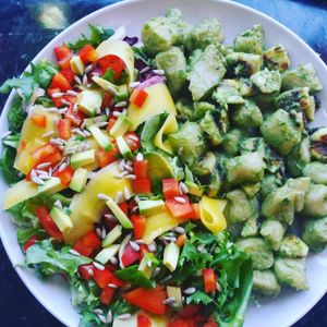 Gnocchi with halloumi and mango salad  at Crimson Rhino in Aberystwyth
