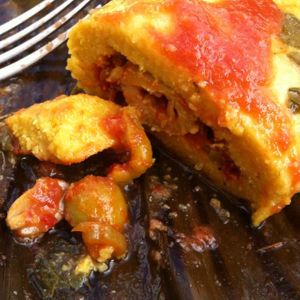 vegan tamales with olives and peanuts at Tonantzin Saludable in San Cristobal De Las Casas