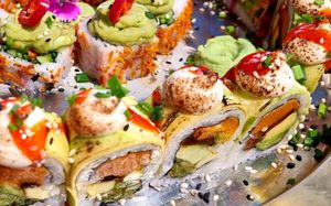 Red Dragon - with seared vegan cream cheese on top at Green Roll - Ahad Ha'Am St in Tel Aviv