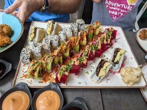 Avocado & mushroom sanwich (sushi)
Dracula roll
Vuna (vegan tune) roll
Mushroom I/O
Mushroom tempura (in another plate) at Green Roll - Ahad Ha'Am St in Tel Aviv