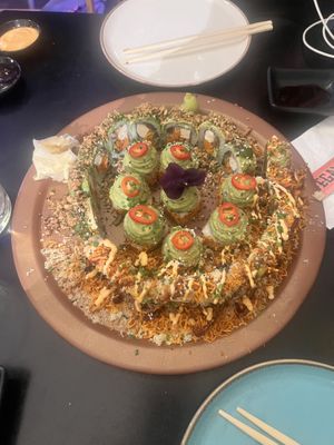 3 different choices beautifully arranged on a large share platter   at Green Roll - Ahad Ha'Am St in Tel Aviv