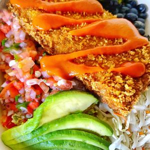 Vegan Burrito Bowl with Crispy Tempeh Filet at M Cafe in Los Angeles
