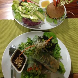 veggieburger and ricepaper rolls  at Bubbles Live in Chiang Mai