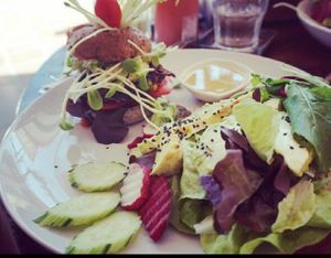 home made avocado burger and salad at Bubbles Live in Chiang Mai