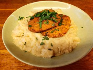 Carrot and cranberry pancakes on potato and cabbage puree at Frucht and Genuss in Dusseldorf