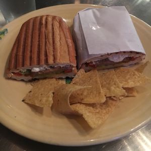 Vegan Cubano Sandwich w/ tortilla chips! at Atlas Cafe and Bakery in New York City