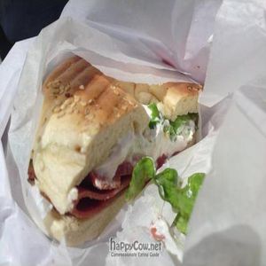 A delicious vegan bagel from Atlas: with vegan-bacon, vegan kreem cheese, and salad. at Atlas Cafe and Bakery in New York City