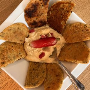 Hummus with Socca (chickpea pancake of sorts)  at Un Piano dans la Theiere in Orleans
