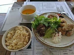 Rice, soup and mock fried chicken (seriously good)  at Organic Table by Lapaz in Tokyo