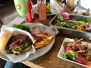 Lapaz burger (mushrooms), energy salad, green smoothie  at Organic Table by Lapaz in Tokyo