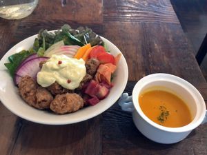 Fried soy meat fritter bowl with soup of the day at Organic Table by Lapaz in Tokyo