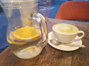 matcha soy latte and fruit infused water at Organic Table by Lapaz in Tokyo