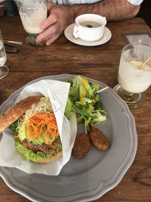 Avocado burger, soup of the day and banana shakes at Organic Table by Lapaz in Tokyo