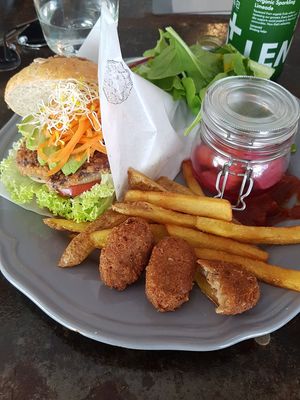 Fries, nuggets, burger with avacado at Organic Table by Lapaz in Tokyo