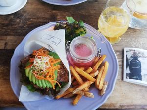 Rice burger with homemade soda drink at Organic Table by Lapaz in Tokyo