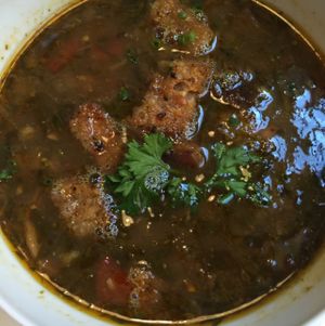 mushroom soop, delicious!!! at El Vergel Veggie Restaurant in Tarragona