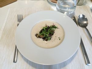 Ajoblanco soup, made with garlic and almonds and topped with fresh sautéed shiitake and sesame oil at El Vergel Veggie Restaurant in Tarragona