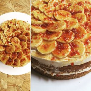 Banana, rum and caramel cake at El Vergel Veggie Restaurant in Tarragona