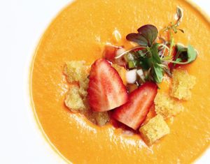 Salmorejo with strawberries  at El Vergel Veggie Restaurant in Tarragona