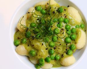 Potatoe gnocchi with green peas sauce  at El Vergel Veggie Restaurant in Tarragona