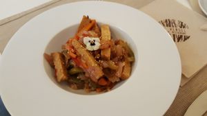 Wok veggies and tempeh. at El Vergel Veggie Restaurant in Tarragona