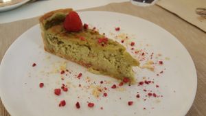 Vegan cheese cake with jasmijn and matcha  at El Vergel Veggie Restaurant in Tarragona