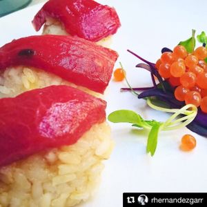 Sake sushi with roasted watermelon and seaweed caviar  at El Vergel Veggie Restaurant in Tarragona