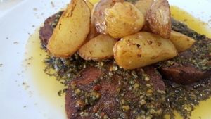 Chorizo con patatas at El Vergel Veggie Restaurant in Tarragona