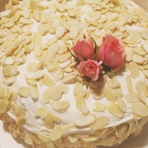 Carrot cake with almonds and white  chocolate  at El Vergel Veggie Restaurant in Tarragona