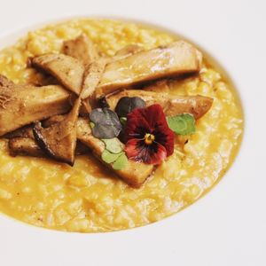 Pumpkin risotto with Pleurotus eryngii with brandy at El Vergel Veggie Restaurant in Tarragona
