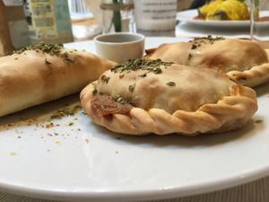 Argentinian empanadas with chorizo  at El Vergel Veggie Restaurant in Tarragona