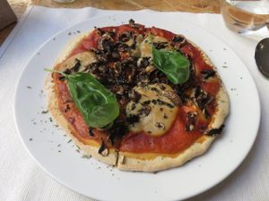 nut-based cheese, mushrooms and basil pizza at El Vergel Veggie Restaurant in Tarragona