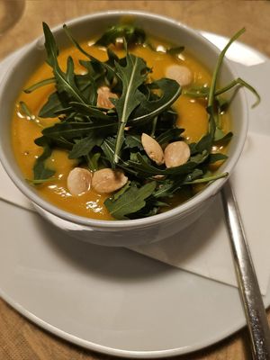 Pumpkin cream soup at El Vergel Veggie Restaurant in Tarragona