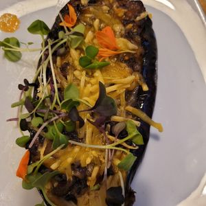 Stuffed aubergine at El Vergel Veggie Restaurant in Tarragona