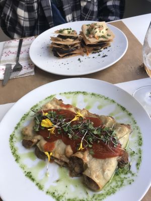 Mil fulls de berenjena, hummus y cebolla caramelizada (al fondo) y canelones de soja texturizada (a delante)  at El Vergel Veggie Restaurant in Tarragona