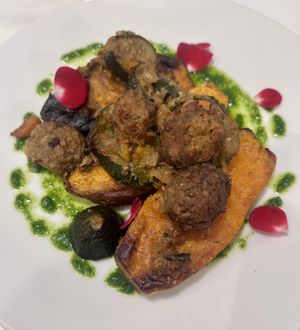 Sweet potato and meatballs  at El Vergel Veggie Restaurant in Tarragona