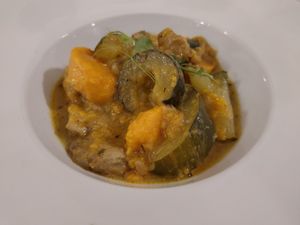 Sweet potato, zucchini and no-chicken curry stew at El Vergel Veggie Restaurant in Tarragona