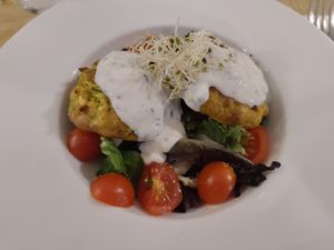 Lauki badas (zucchini and tofu balls) with yogurt sauce at El Vergel Veggie Restaurant in Tarragona