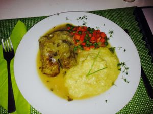 Vegan Remoulade with mashed potatoes, peas and carrots at Past & Future in Cologne