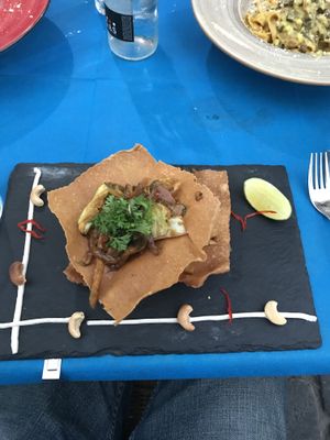 Delicious Indonesian wok stack with crispy gofio crackers  at La Hierba Luisa Cocina de la Huerta in Gran Canaria