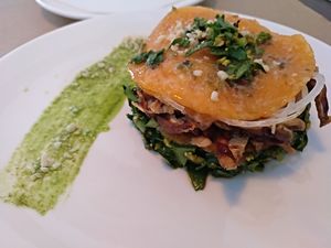 Raw pumpkin lassgane at La Hierba Luisa Cocina de la Huerta in Gran Canaria