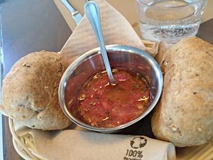 Bread + raw ground tomato at La Hierba Luisa Cocina de la Huerta in Gran Canaria