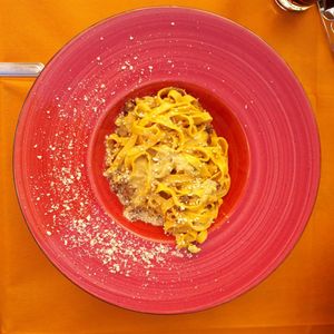 Carbonara tagliatelle at La Hierba Luisa Cocina de la Huerta in Gran Canaria