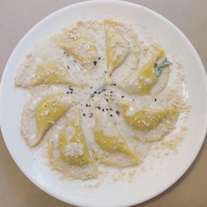 Butternut squash ravioli with almonds 💚 at La Hierba Luisa Cocina de la Huerta in Gran Canaria