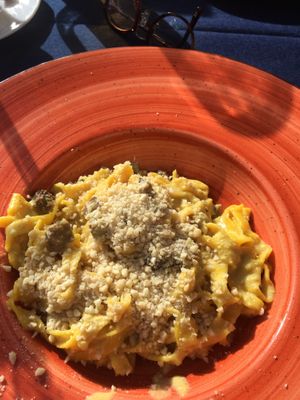 Homemade pasta with cashewsause and tempeh  at La Hierba Luisa Cocina de la Huerta in Gran Canaria