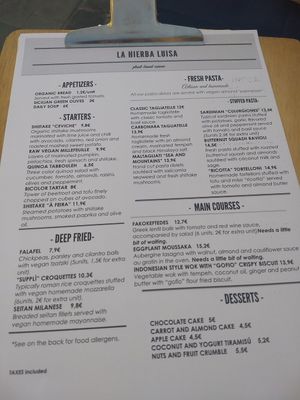 Main menu at La Hierba Luisa Cocina de la Huerta in Gran Canaria