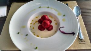 I ate those very delicious dumplings of grains and beetroot with a cold almond sauce. A vegetarian's dream come true! at La Hierba Luisa Cocina de la Huerta in Gran Canaria