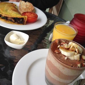 breakfast. savoury pancake and chocolate and banana chia pudding. at Forest Haven Bed and Breakfast in Beaufort